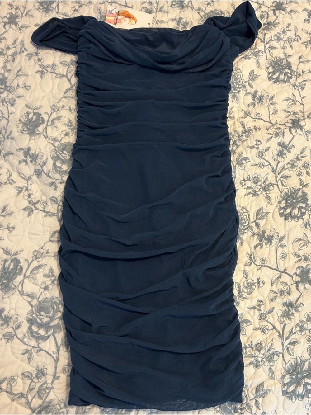 Pretty Garden Ruched Navy Off-Shoulder Women’s Dress